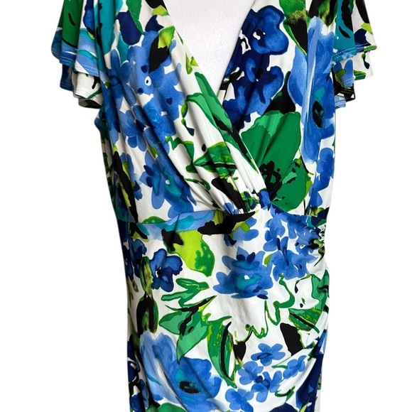 Lauren Ralph Lauren Cannes Blue Floral Flutter Sleeve Matte Jersey Dress Sz 14W - Picture 15 of 17